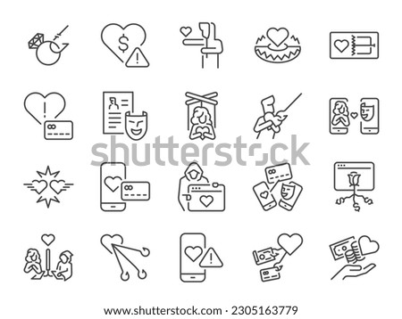 Romance scam icon set. It included phishing, fake, lie, fraud, romantic scam, and more icons. Editable Stroke.