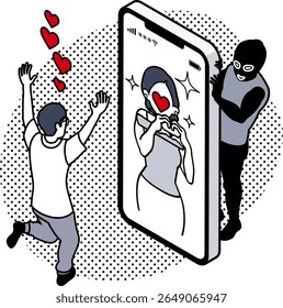 Romance Scam: Homem apaixonado por uma mulher em seu telefone, assistido por um golpista