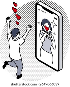 Romance Scam: Homem apaixonado com uma mulher em seu telefone