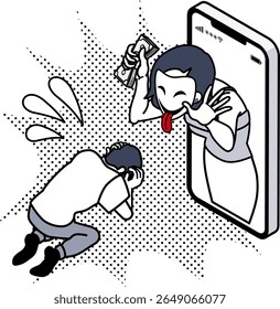 Romance Scam - Homem percebendo que ele foi enganado, enquanto um golpista no Smartphone sorri segurando o dinheiro roubado