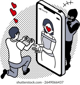 Romance Scam - Homem Enviando Dinheiro para uma Mulher em seu Smartphone Enquanto um Escamador Escondido Relógios e Smirks