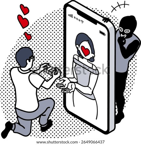 Romance Scam – Man Sending Money to a Woman on His Smartphone While a Hidden Scammer Watches and Smirks