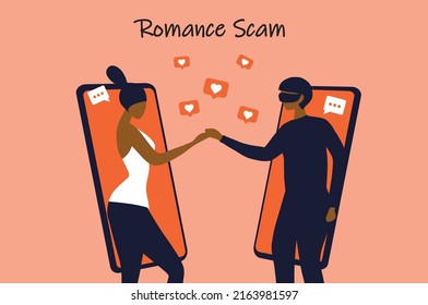 Romance scam, online dating scam, cyber crime concept, woman in love with scammer, hacker chatting online vector illustration