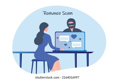 Romance scam, online dating scam, cyber crime concept, woman in love with scammer, hacker chatting online vector illustration