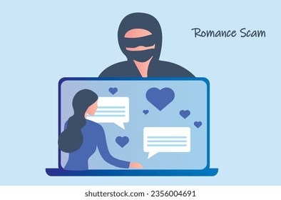 Romance scam, online dating scam, cyber crime concept, woman in love with scammer, hacker chatting online vector illustration