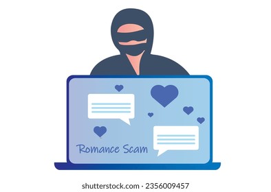 Romance scam, online dating scam, cyber crime concept, woman in love with scammer, hacker chatting online vector illustration