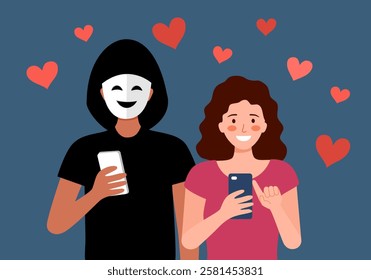 Romance scam, online dating scam, cyber crime concept, woman in love with scammer, hacker chatting online vector illustration