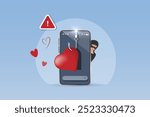 Romance scam, online dating phishing scam. Scammer with phishing hooks on women heart, fraud chatting on victim woman. Cyber crime, vector.