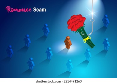 Romance Scam, Online Dating Phishing Scam. Red Roses Bouquet With Phishing Hook On Victim Woman For Fraud Chatting. Cyber Crime And Attack On Woman.