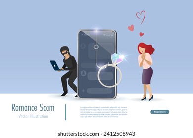 Romance scam, online dating phishing scam. Diamond ring with phishing hook on victim women for fraud chatting. Cyber crime threat on woman.