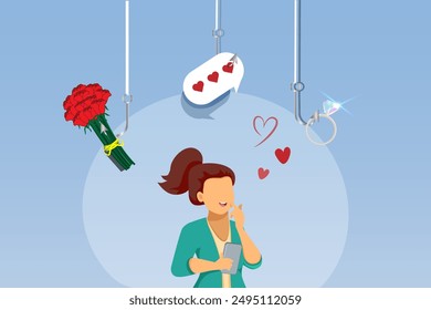 Romance scam, online dating phishing scam. Phishing hooks with red roses bouquet, diamond ring and fraud chatting on in love woman. Cyber crime, vector.