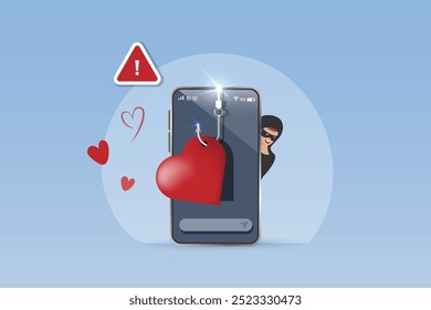 Estafa romántica, estafa de phishing de citas en línea. Estafador con ganchos de phishing en el corazón de las mujeres, fraude charlando sobre la mujer víctima. Ciberdelito, Vector.