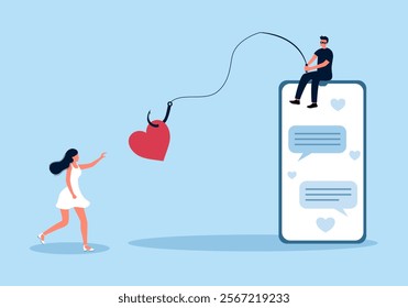 Romance scam, online dating phishing scam. Scammer with phishing hooks on heart, fraud chatting on victim woman. Cyber crime, vector.