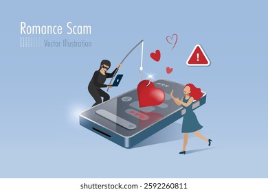 Romance scam, online dating phishing scam. Scammer with phishing hooks on women heart, fraud chatting on victim woman. Cyber crime, vector.