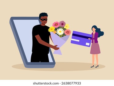 Romance scam, online dating phishing scam. Scammer with flowers on smartphone for woman fraud chatting. Cyber crime and attack on woman.