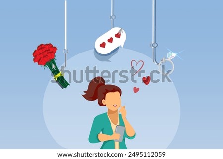 Romance scam, online dating phishing scam. Phishing hooks with red roses bouquet, diamond ring and fraud chatting on in love woman. Cyber crime, vector.