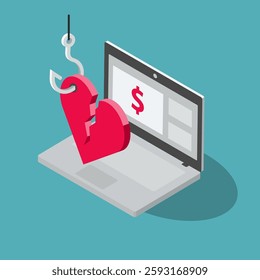 Romance scam symbol with a laptop computer and a deceived broken heart. Isometric flat design, easy to use for your website or presentation.
