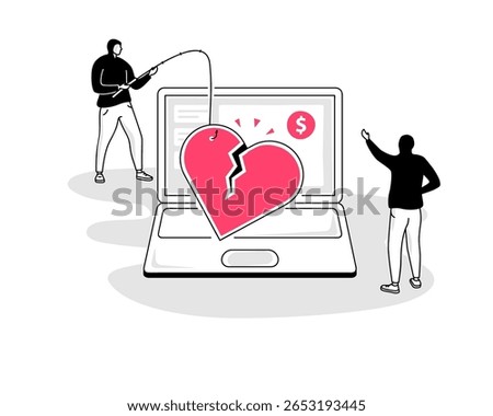 Romance scam symbol with a laptop and a deceived broken heart. Flat design, easy to use for your website or presentation.