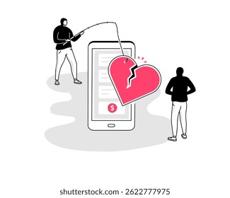 Romantisches Betrug-Symbol mit einem Smartphone und einem betrogenen gebrochenen Herzen. Flaches Design, einfach zu bedienen für Ihre Website oder Präsentation.