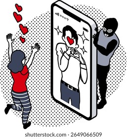 Romance Scam: Mulher apaixonada por um homem em seu telefone, assistido por um golpista