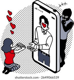 Romance Scam - Mulher Enviando Dinheiro para um Homem em seu Smartphone Enquanto um Escamador Escondido Relógios e Smirks