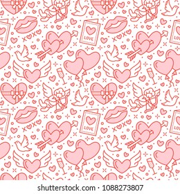 Romance seamless pattern. Love, wedding flat line icons - hearts, chocolate, kiss, Cupid, doves, valentine day card. Red white wallpaper for february 14 celebration.