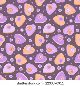 Romance seamless purple pattern. Pastel heart form gift boxes. Romantic packaging for lady present. Big purple flower on top. Valentines holiday card background