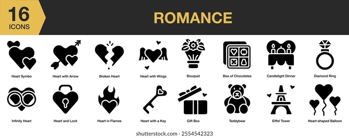 Romance solid icon set. Includes heart, diamond ring, bouquet, teddybear, eiffel tower, candlelight, and More. Solid icons vector collection.