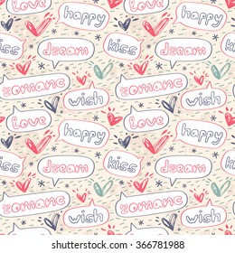 Romance speech bubbles. Background in the concept of children's drawings.Vector seamless pattern for web page backgrounds, postcards, greeting cards, invitations, pattern fills, surface textures.