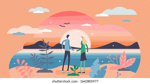 Romance sunset scene with a couple holding hands, flat tiny person vector illustration. Male and female dating. Beautiful and sweet relationship concept with a colorful sky. Lovers passion art.