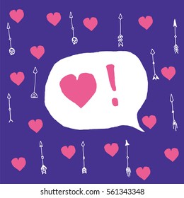 Romance template card with hand drawn elements. Stock vector illustration with love symbols for valentine day, wedding invitation in pink, violet and white colors in girlish style.