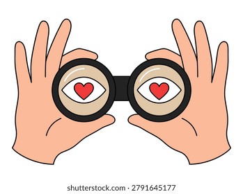Romance themed element pack in a colorful sketch style, hands holding binoculars, eyes, love, hearts, and vision