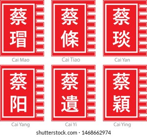 Romance of The Three Kingdoms Chinese Name Logo On Red Flag. Translation "Cai Mao, Tiao, Yan, Yang, Yi, Ying"