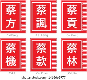 Romance of The Three Kingdoms Chinese Name Logo On Red Flag. Translation "Cai Fang, Feng, Gong, Ji, Kuan, Lin"