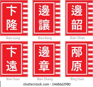 Romance of The Three Kingdoms Chinese Name Logo On Red Flag. Translation "Bian Long, Rang, Shao, Yuan, Zhang, Bing Yuan"