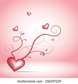 Romance twigs with red hearts on the pink background