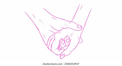 romance of two hands holding each other, minimalist pink line art style vector illustration