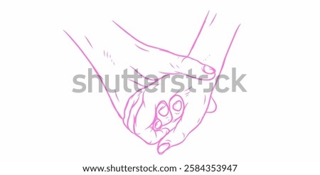 romance of two hands holding each other, minimalist pink line art style vector illustration