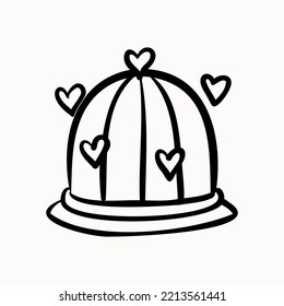 Romance Valentine Vector Birdcage. Doodle Wedding Design. Love Heart Cage. Black And White Romance  