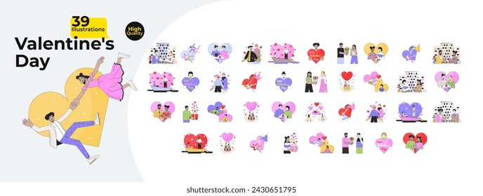 Romance Valentines day 2D linear illustrations concepts bundle. Diverse couple cartoon characters isolated on white. Romantic 14 february metaphors abstract flat vector outline graphic collection