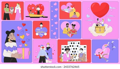 Romance Valentines day bento grid illustration set. Romantic dating 14 february 2D vector image collage design graphics collection. Diverse couple gay, lesbians flat characters moodboard layout