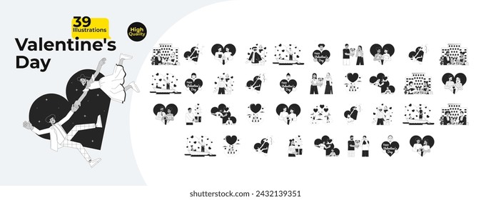 Romance Valentines day black and white 2D illustrations concepts bundle. Diverse couple cartoon outline characters isolated on white. Dating 14 february metaphors monochrome vector art collection