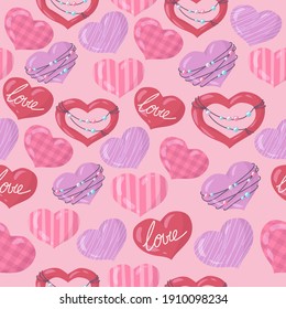 Romance and Valentine's Day. keys, letters with declarations of love and hearts. Seamless pattern of objects drawn in cartoon style vector illustration isolated on white background