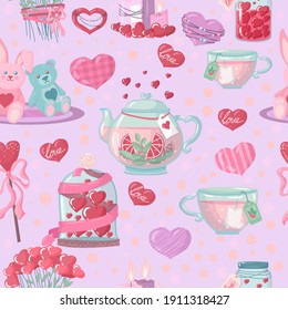 Romance and Valentine's Day. keys, letters with declarations of love and hearts. Seamless pattern of objects drawn in cartoon style vector illustration isolated on white background