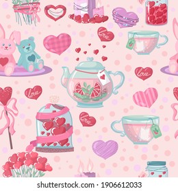 Romance and Valentine's Day. teapot and cups. hearts. Seamless pattern of objects drawn in cartoon style vector illustration isolated on white background