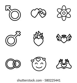 romance vector icons. Set of 9 romance outline icons such as flower, heart angel wings, male, woman, I love you, heart in fire, heart tag, rings