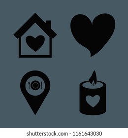 romance vector icons set. with candle heart, house heart, heart and location restaurant in set