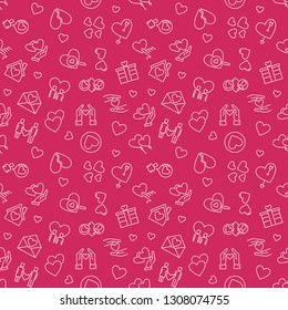 Romance vector red linear creative seamless pattern. Love concept outline background