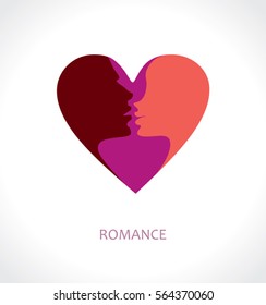 Romance. Vector symbol heart face silhouettes of people in passionate love. 