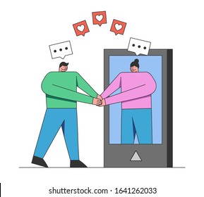 Romance, Virtual Relationship, Communication, Social Media Concept. Boy Communicating and Searching Girlfriend On the Internet. Cartoon Outline Linear Flat Vector illustration